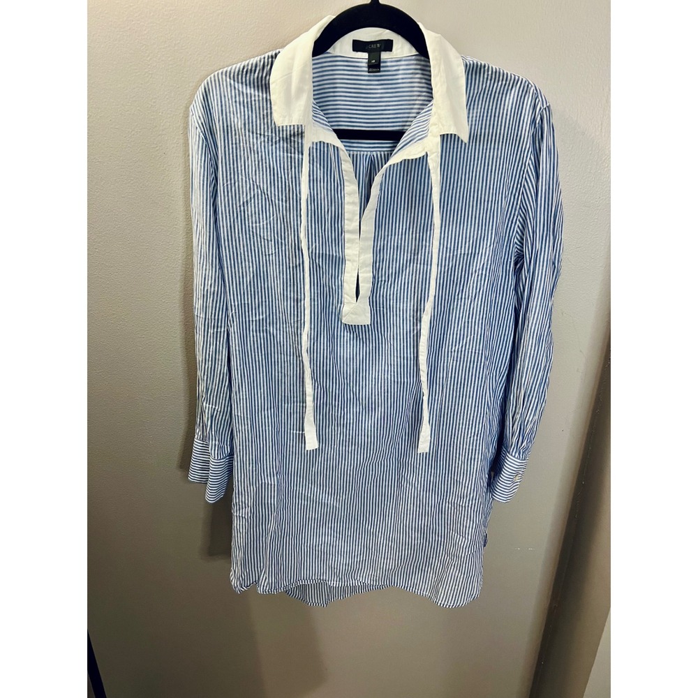 J.Crew Womens XS Blue White Pinstriped Nautical Tie Neck Tunic Shirt Long Sleeve